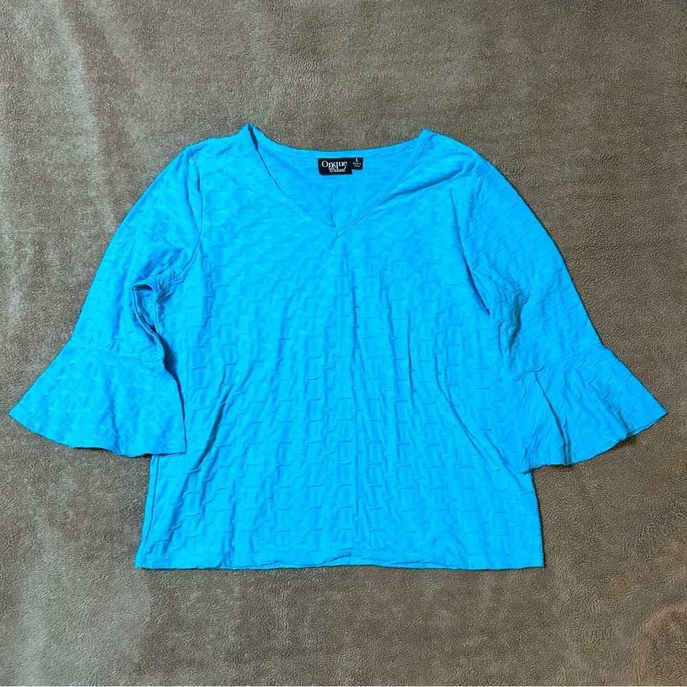 Onque Casual Womens Blouse Turquoise Textured 3/4 sleeve bell cuff Size L